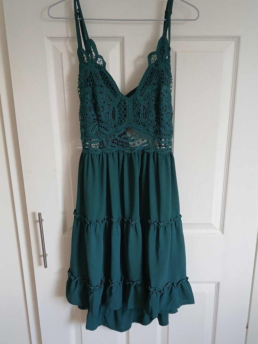Main Strip Teal Crochet Bodice Tiered Mini Dress